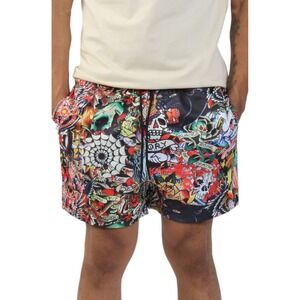 ED HARDY Tattoo Collage Skull Panther Snake Mesh Shorts Men's Sz M *NEW* $65